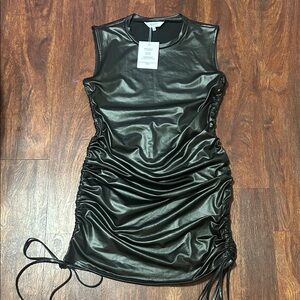 Ramisu Black Faux Leather Ruched Drawstring Mini Dress